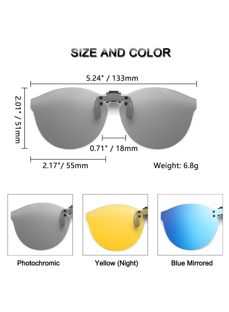 3 Pair Clip On Sunglasses - Polarised Clip-on Sunglasses over Glasses for Women Men Driving Flip up Sunglasses Round Mirrored Clip On Shades UV400 - Image 2